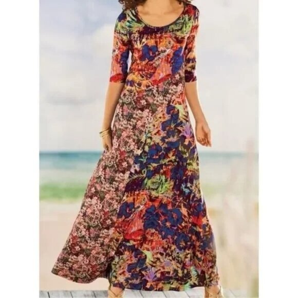 Soft Surroundings Estelle Maxi Dress Tropics Multi Stretch Long Flare Large NWT - Picture 1 of 8